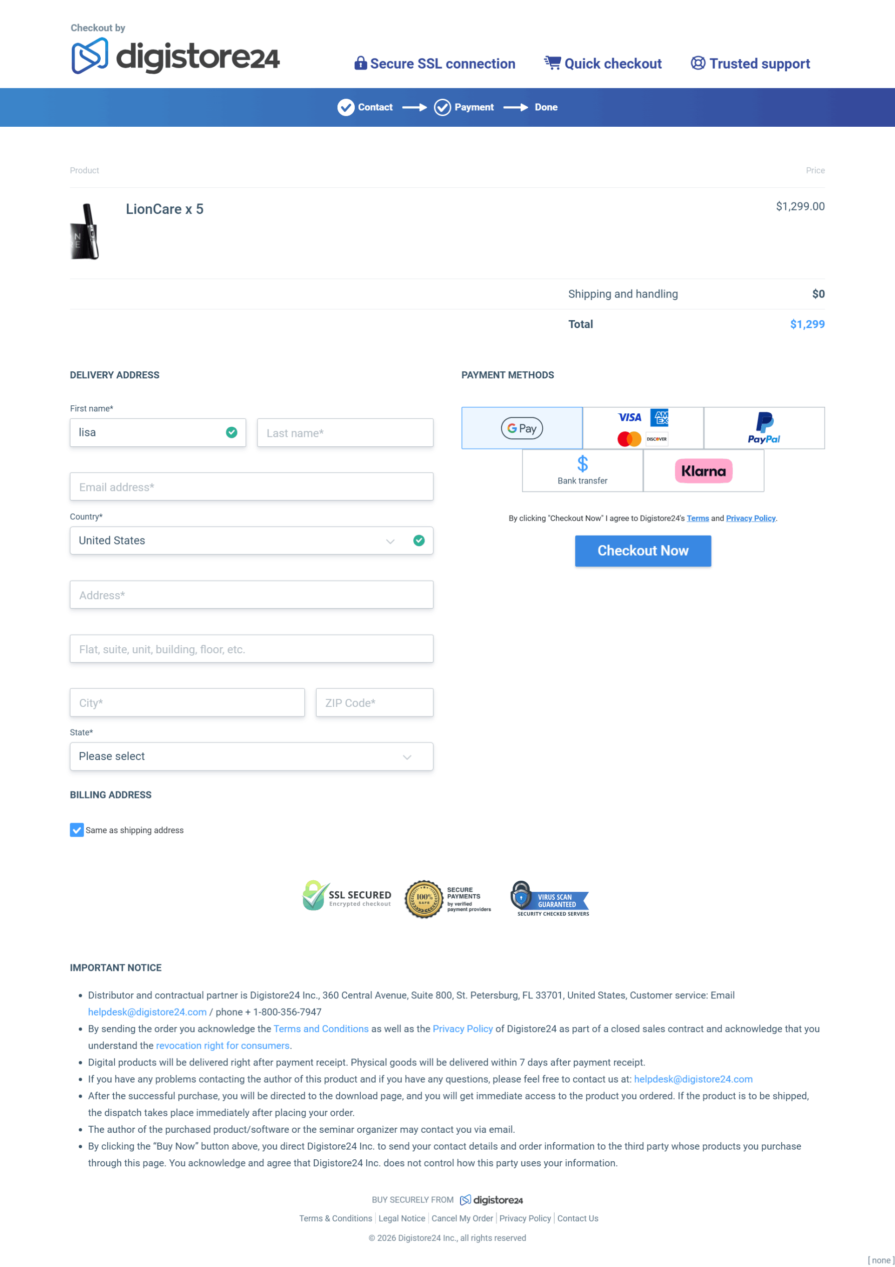 Lion care device order page